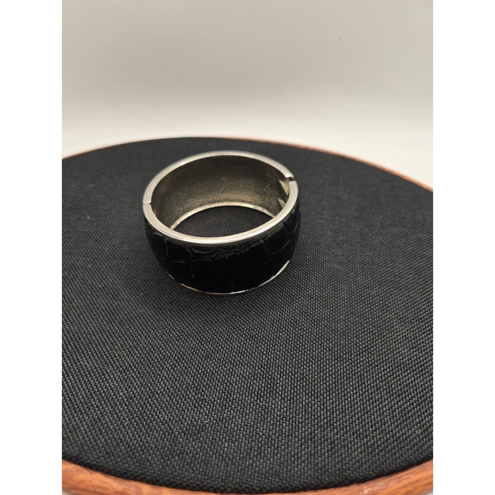 St. John Black Croc Embossed Silver Tone Hinged Bangle Bracelet Wide Cuff